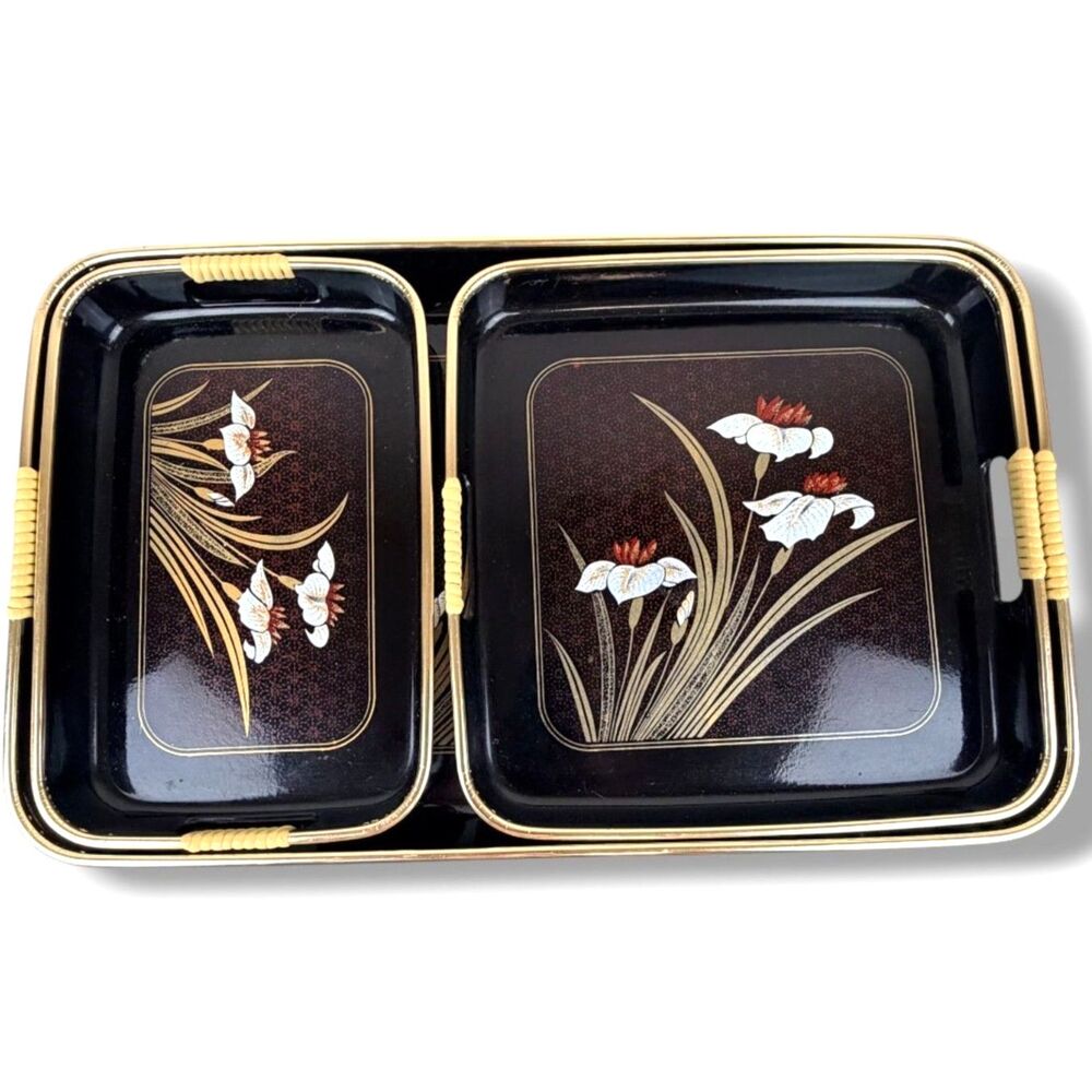 Vintage Toyo Japanese Nesting Lacquerware Trays Grand Iris Motif Wrapped Handles